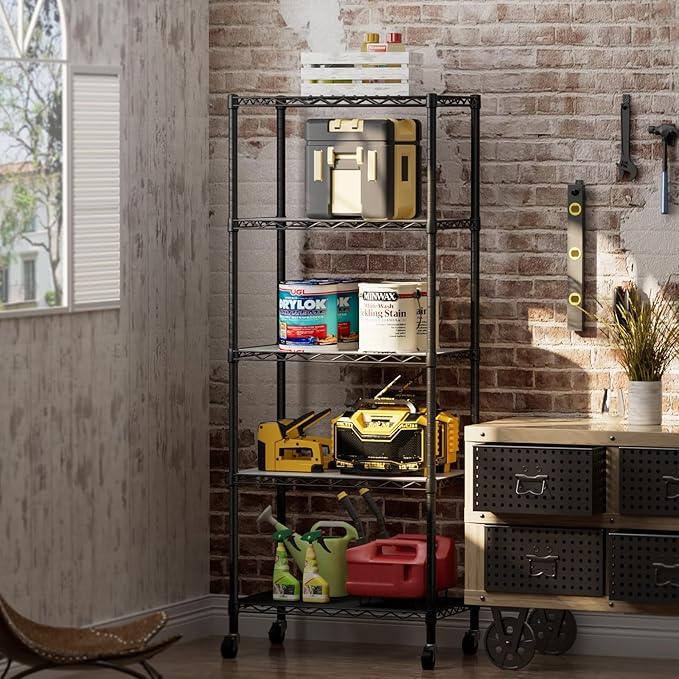 5 Tier Shelves Storage Shelf Wire Closet Bathroom Organizers Metal Pantry Kitchen Garage Shelving Unit Laundry Room Organization Home Rack Net Basket Black with Wheels 14”D X 24”W X 61”H - ModernBath