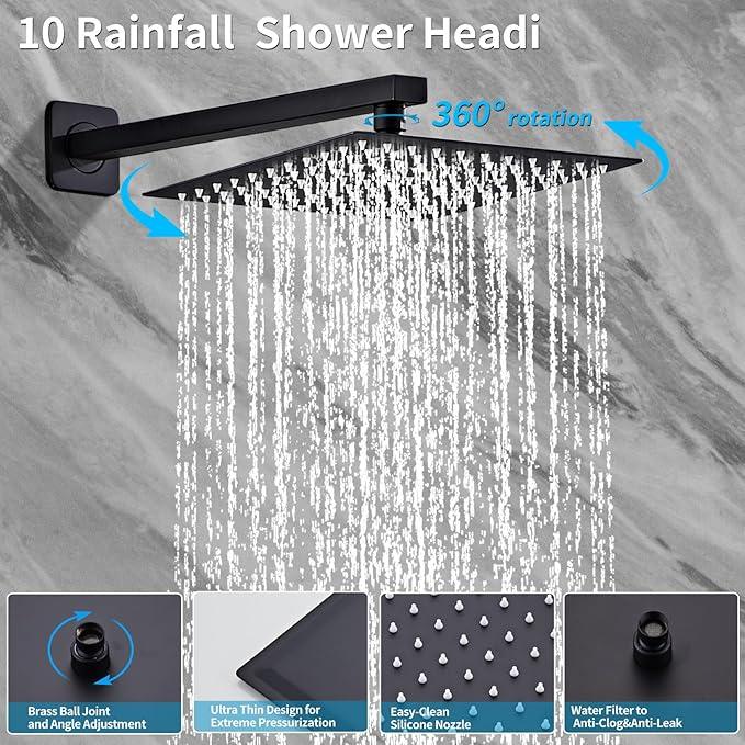 RTTWYYUU Matte Black Rainfall Shower Head, Wall Mounted 10 Inch Shower Heads with Handheld Spray Combo, Luxury Bathroom Square Rain Shower System, Solid Brass Pressure Balancd Shower Faucet Valve - ModernBath