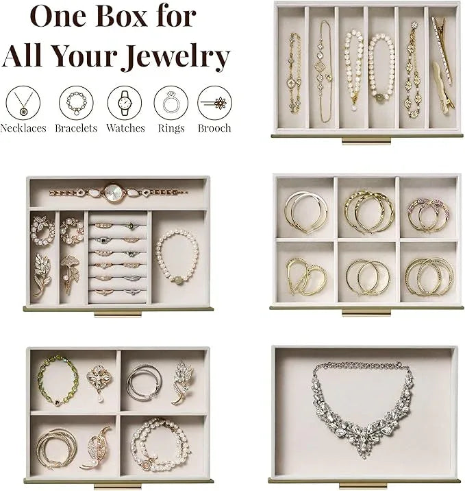 Jewelry Box Organizer Case for Women: 5-Layer Jewelry Storage Case with Glass Window, Olive Green Leather with Cream Velvet, Holder for Ring Necklace Bracelet Brooch Watch, Great Gift for Her - ModernBath