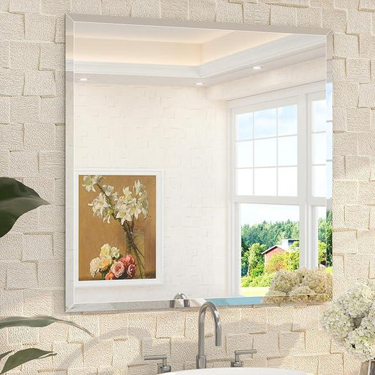 TETOTE 36" x 36" Rectangle Tempered Mirror with Frameless Beveled Edge for Vanity and Bathroom - ModernBath