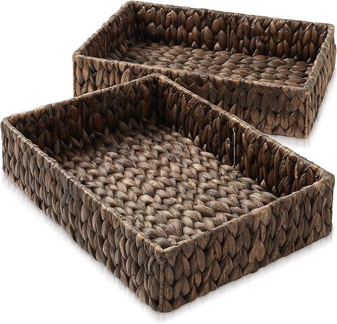 Casafield Set of 2 Bathroom Storage Baskets, Espresso - Water Hyacinth, 15.75" W x 11.25" D x 3.25" H, Woven Toilet Tank Topper Bins for Organizing Tissues, Toilet Paper, Toiletries, Shelves - ModernBath
