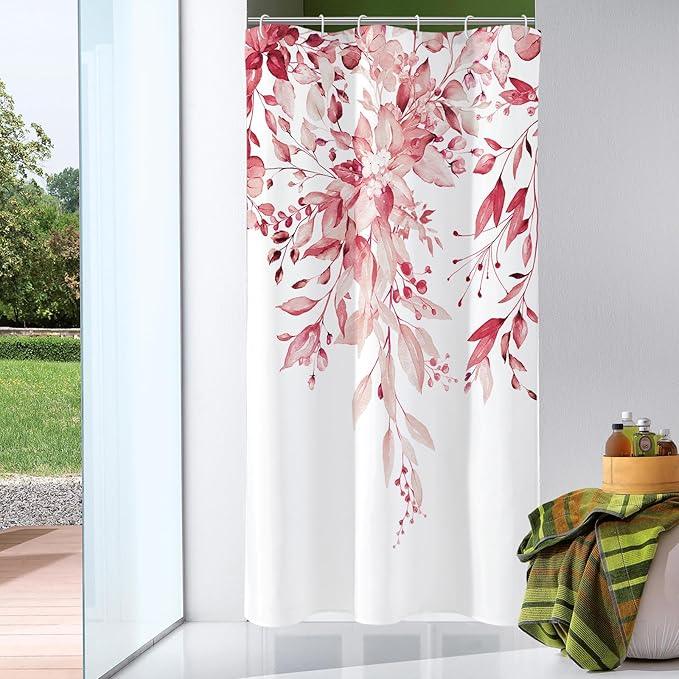 Gibelle Small Stall Shower Curtain 36 x 72, Narrow Half Pink Floral Shower Curtain for Bathroom, Watercolor Plant Eucalyptus Leaves Fabric Shower Curtain Set - ModernBath