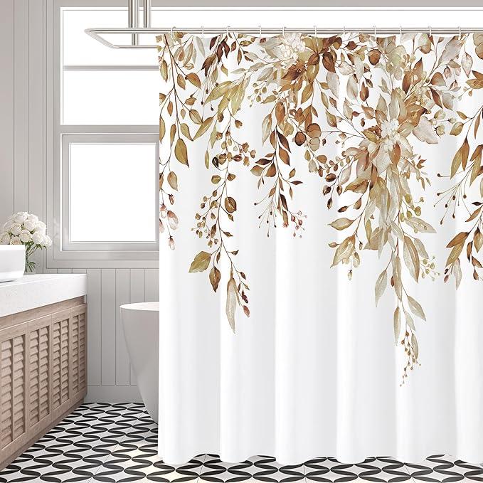 Gibelle Extra Long Shower Curtain 72 x 84, Brown Floral Shower Curtain for Bathroom, Watercolor Plant Eucalyptus Leaves Fabric Shower Curtain Set - ModernBath