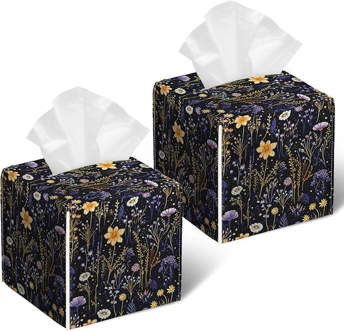Wildflower Herb Tissue Box Cover 2PCS, Purple Flower Leather Tissue Box Holder Square Facial Paper Case Tissue Box Cube Organizer for Bathroom Bedroom Desk Office - ModernBath