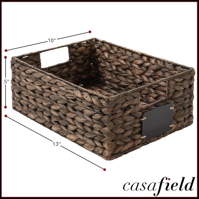 Casafield Set of 4 Water Hyacinth Pantry Baskets, 10" x 13" x 5", with Chalkboard Labels and Chalk Marker - Espresso, Woven Storage Bin Organizers for Kitchen Shelves - ModernBath