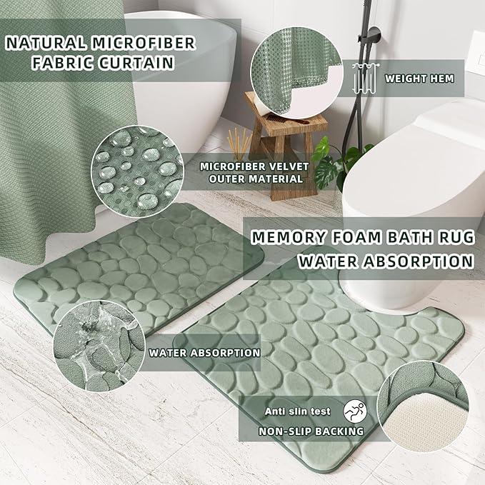 XLHOMO Bathroom Accessories Set - 25PC Sage Bathroom Set, Bathroom Set with Shower Curtain and Rugs, Sage Green Shower Curtain Set, Bathroom Accessory Set, Trash Can & Soap Dispenser - ModernBath