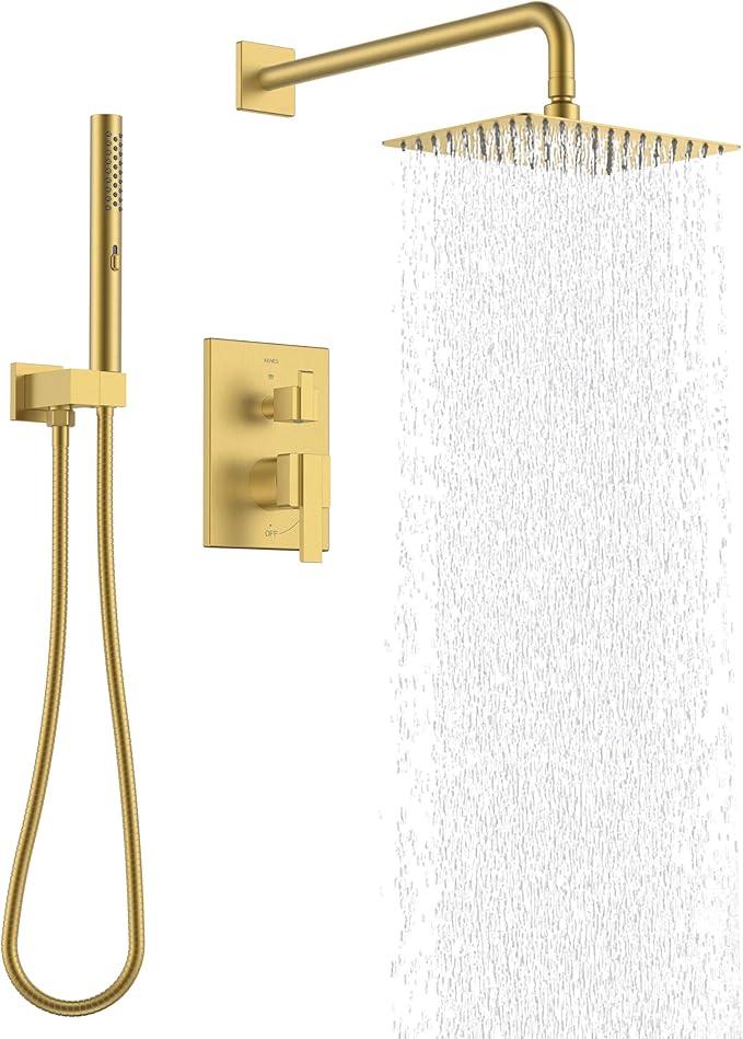 KENES Brushed Gold Rainfall Bathroom Shower System Rain Shower Head and Handle Set, Shower Faucet Set with 10-Inch Rain Showerhead and Handheld Spray, (Shower Valve Included), LJ-6026A-4 - ModernBath