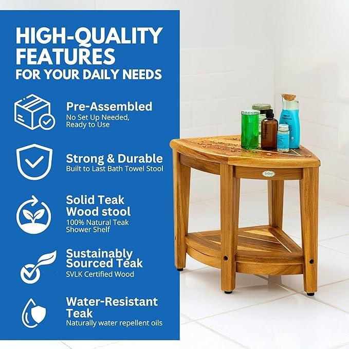 EcoDecors Fully Assembled SnazzyCorner® 18" Teak Shower Bench, Corner Shower Stool, w Shelf in Earthy Teak Finish, Compact Fit for Small Bathrooms & Walk-in Showers – Slip-Resistant Feet - ModernBath