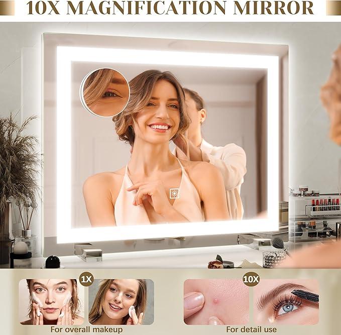 ROLOVE 22x20 Inch Lighted Vanity Mirror, 3-Mode Touch Dimming LED Lighting, Large Makeup Mirror for Dressing Room, Tabletop or Wall-Mounted, White - ModernBath