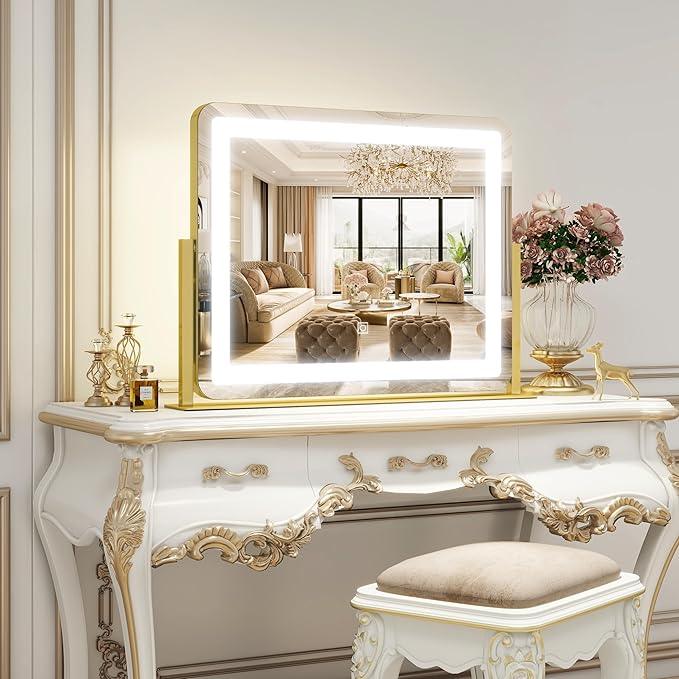 ROLOVE Gold Vanity Mirror with Lights - Smart Touch Dimming, 3-Color Lighting, 360° Rotatable Desktop Makeup Mirror for Desk, 22"x17" - ModernBath