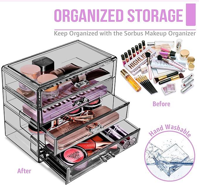 Sorbus Makeup Organizer - 4 Drawer Acrylic Make Up Organizers and Storage for Cosmetics, Jewelry, Beauty Supplies, Clear Makeup Organizer for Vanity, Girl's Room, College Dorm, Counter, Bathroom Sinks - ModernBath