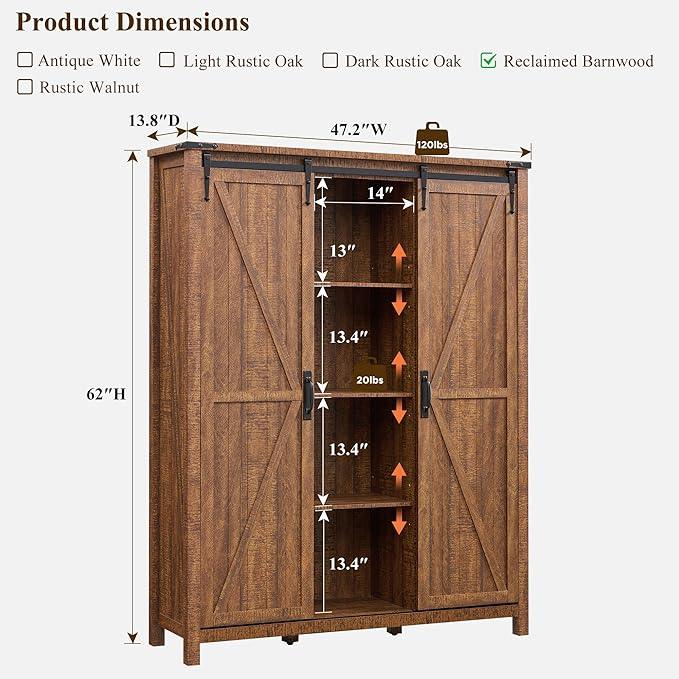 OKD Storage Cabinet with 2 Sliding Door, 7-Tier 62" Tall Farmhouse Entryway Shoe Cabinet, Freestanding Rustic Hidden Shoe Organizer for Entryway, Reclaimed Barnwood - ModernBath