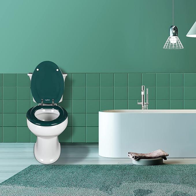 Dark Green Elongated Toilet Seat Natural Wood Toilet Seat with Zinc Alloy Hinges, Easy to Install also Easy to Clean, Scratch Resistant Toilet Seat by Angol Shiold (Elongated, Dark Green) - ModernBath