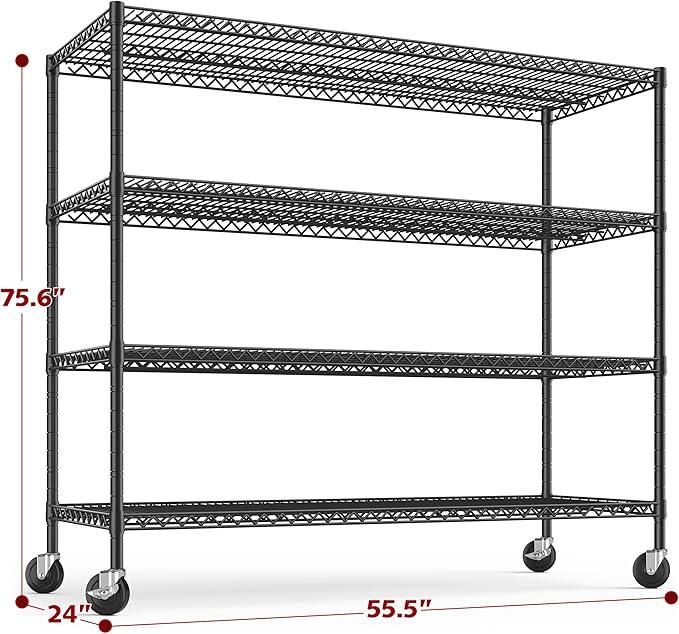 REIBII 55.5''W Storage Shelves 2500LBS Wire Shelving Unit with Wheels Heavy Duty Metal Shelves for Storage Adjustable Garage Storage Rack Pantry Shelf Kitchen Shelving, 75.6" H X 55.5''W X 24" D, 3PCS - ModernBath