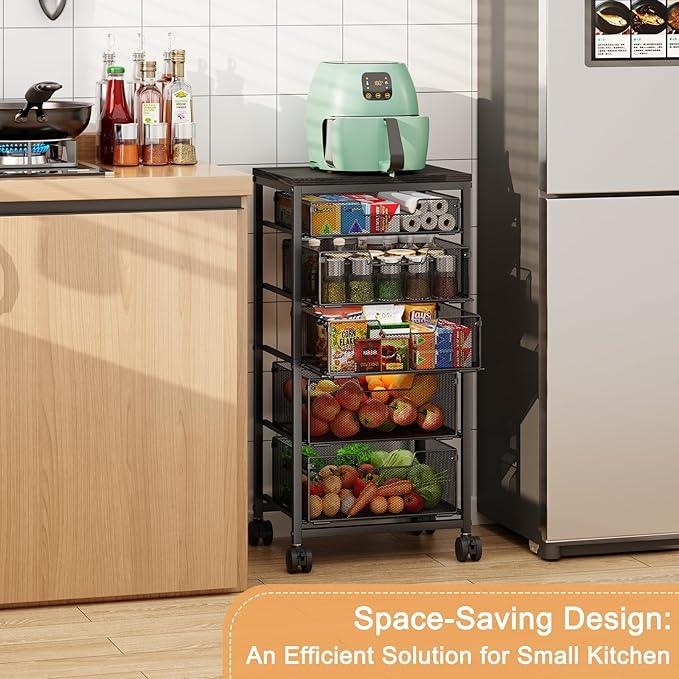 Kitchen Storage Cart with Drawer, 5-Tier Fruit Vegetable Storage Cart, Kitchen Organizer and Storage Cart with Wheels, Wooden Top Metal Wire Pantry Storage Cart rack for for Fruit Snack Onion Potato - ModernBath