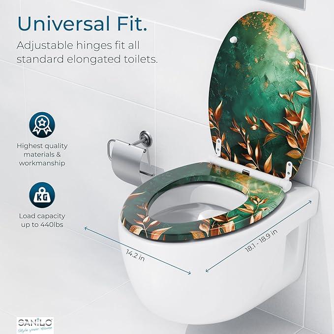 Sanilo Wooden Toilet Seat with Quick Release & Soft Close [ELONGATED] - Decorative & Slow Close Molded Wood Seat - With One Click for Easy Installation & Cleaning - With Adjustable Fit (Greego) - ModernBath