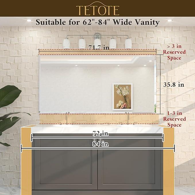 TETOTE 72" x 36" Rectangle Tempered Mirror with Frameless Beveled Edge for Vanity and Bathroom - ModernBath