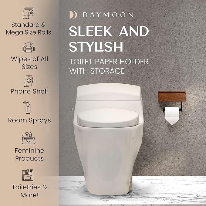 Day Moon™ Wood Toilet Paper Holder with Shelf, Wipe Holder for Bathroom, Flushable Wipes Dispenser, Toilet Paper and Wipes Holder - Toilet Paper Holder with Storage, Toilet Paper Holder Wall Mount - ModernBath