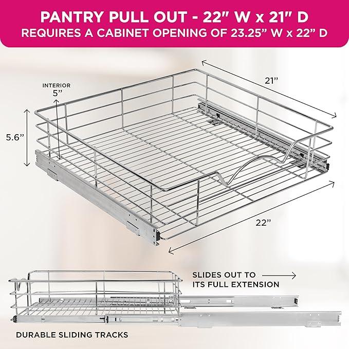 HOLDN’ STORAGE Heavy-Duty Premium Collection Pull Out Cabinet Organizer, Cabinet Drawer Slide Outs, Lifetime Limited Warranty - Basket Size 22" W x 21" D x 5" H, Anti-Rust Chrome Finish - ModernBath
