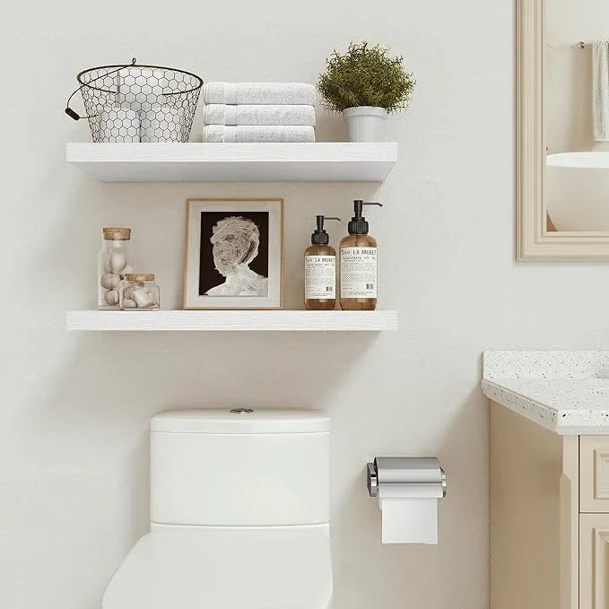Vivelove Floating Shelves for Wall 24 inchs Long, 9.1” deep x 1.6” Wall Shelf for Bedroom, Bathroom, Living Room, Kitchen, Office Home Decor, Deep Wood Shelves with Invisible Brackets, Set of 2 White - ModernBath