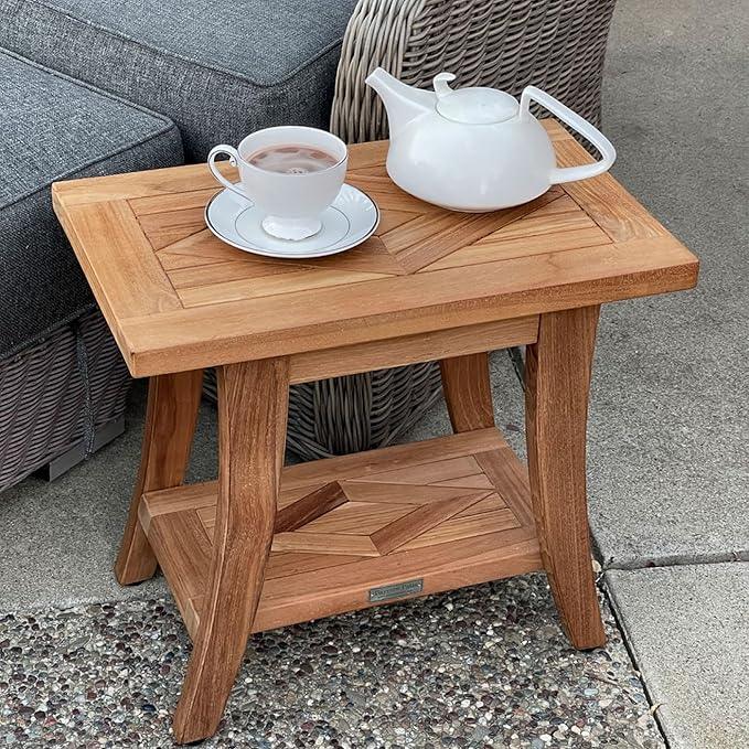 Bayview Patio Nautica Teak Shower Bench with Shelf, Shower Stool for Bath Tub or Spa or Sauna, Shower Bench for Elderly, Indoor, Outdoor Bathroom Stool Bench, Shower Seat, Teak Side End Table - ModernBath