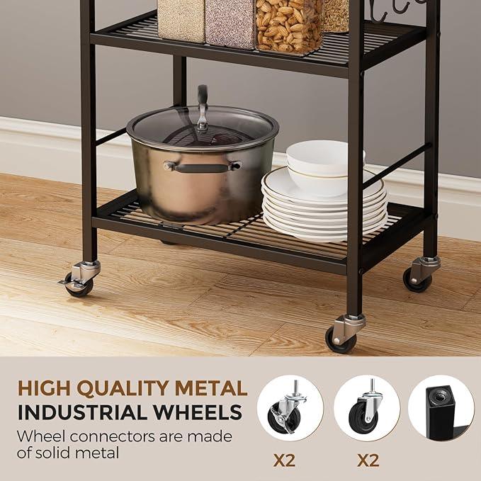 3-Tier Metal Storage Rack with Industrial Wheels,Mesh Shelving Unit with Wooden Table top,Adjustable Shelf,16.9-Inch Width,for Kitchen,Laundry,Pantry,Plant,Black - ModernBath
