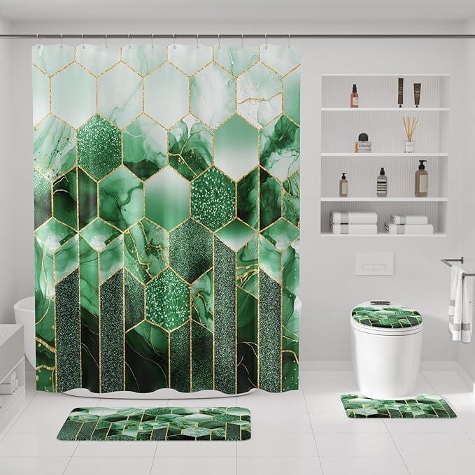 XLHOMO Bathroom Sets with Shower Curtain and Rugs - 4PC Green Geometric Shower Curtain Set with 12 Hooks, Toilet Cover, U-Shaped Mat and Rugs Modern Abstract Bathroom Accessories for Bathroom - ModernBath