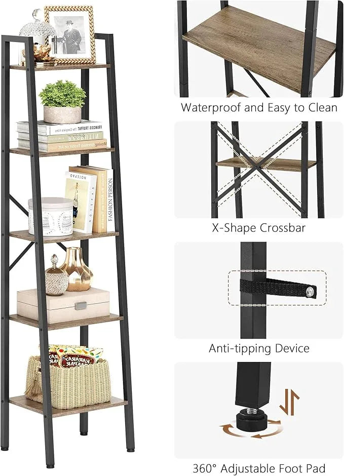 Hoctieon 5-Tier Industrial Ladder Bookshelf, Narrow Ladder Shelf, Tall Standing Bookshelf, Skinny Open Ladder Shelf, for Living Room, Home Office, Kitchen, Bedroom, Metal Frame, Greige - ModernBath