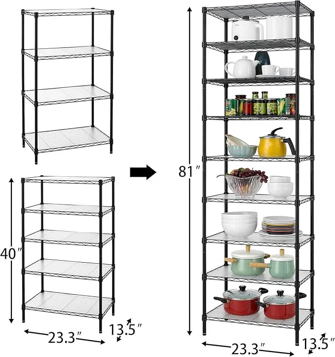 Finnhomy 9-Tier Wire Shelving Unit Adjustable Steel Wire Rack Shelving, 81 Inches Height 9 Shelves Metal Storage Rack, Pantry Shelves for Storage with PE mat, NSF Certified, Black - ModernBath