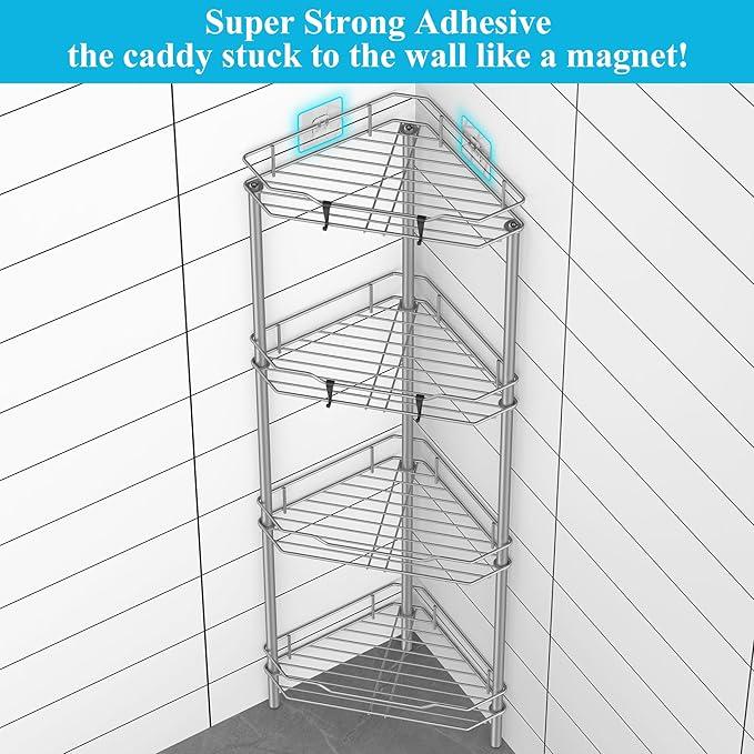 4 Tier Floor Standing Corner Shower Caddy Organizer Shelf with Hooks, Bathroom Shelves Stand Rack, Gray - ModernBath