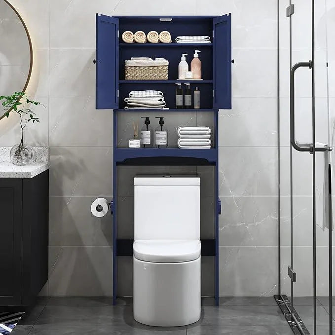 Over The Toilet Storage Cabinet with Gold Trim, Modern Bathroom Organizer Over Toilet with Adjustable Shelves and Toilet Paper Holder for Bathroom (Blue) - ModernBath