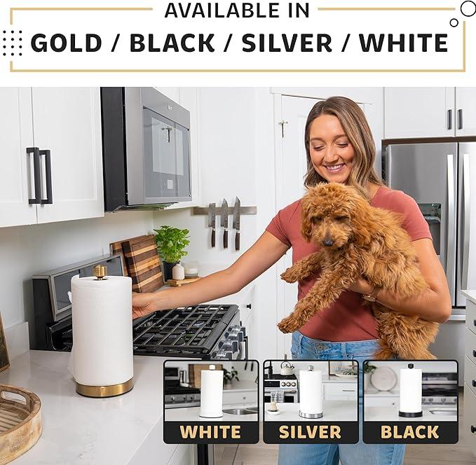 Dear Household Stainless Steel Paper Towel Holder Easy One-Handed Operation - This Sturdy Weighted Paper Towel Dispenser Countertop Model Has Suction Cups and Holds All Paper Towel Rolls - Gold - ModernBath