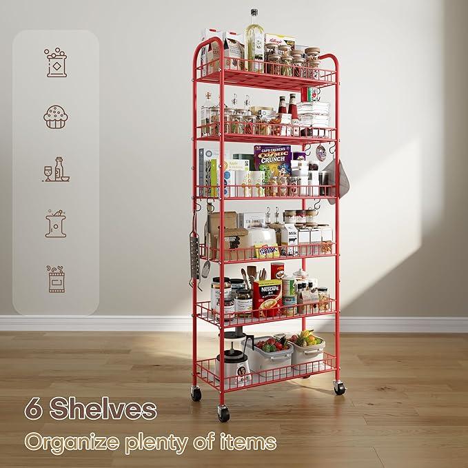 Slim Rolling Storage Cart, 6 Tier Metal Kitchen Rolling Utility Cart with Lockable Wheels for Kitchen, Bathroom, Laundry Room, Small Narrow Spaces (Red 10 Inches) - ModernBath