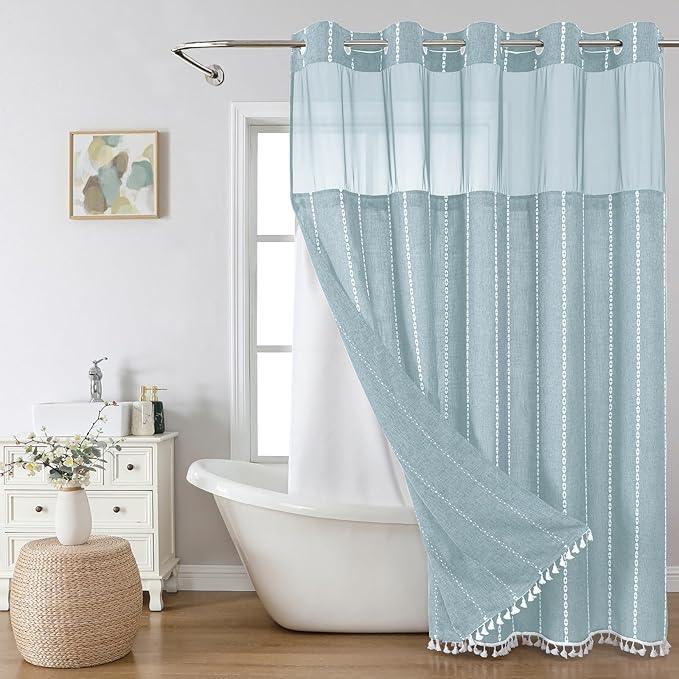 eachope No Hook Long Shower Curtain Set with Snap-in Fabric Liner,Linen Textured Thick Striped Fabric with Tassels,Boho Farmhouse Rustic Luxury Bathroom Curtain,Water-Repellent,Fog Blue,71x80 - ModernBath