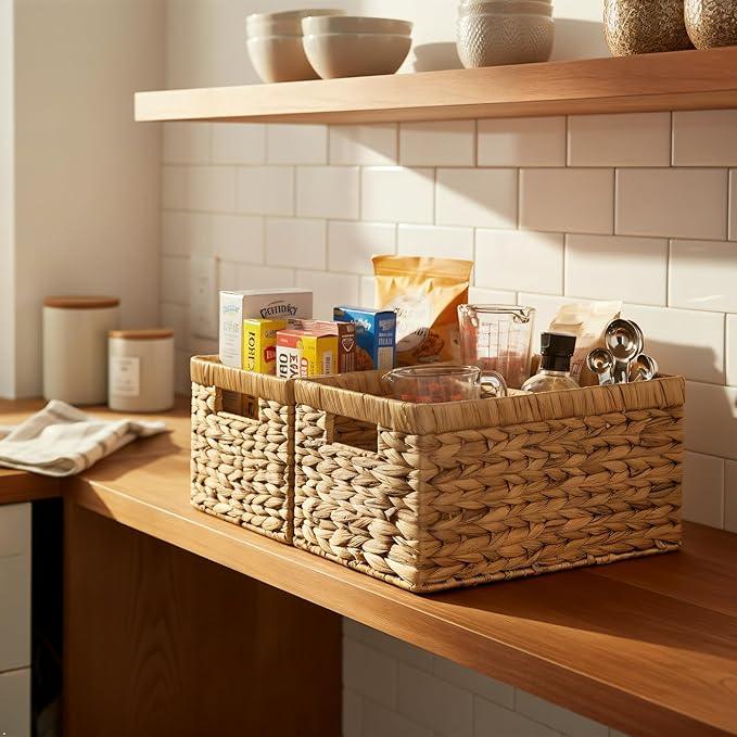 Water Hyacinth Storage Baskets Set of 2 - Medium Decorative Wicker Baskets for Organizing Shelves, Rectangular Woven Storage Bins with Handles for Pantry, Bathroom, Living Room 13"x9"x7" - ModernBath