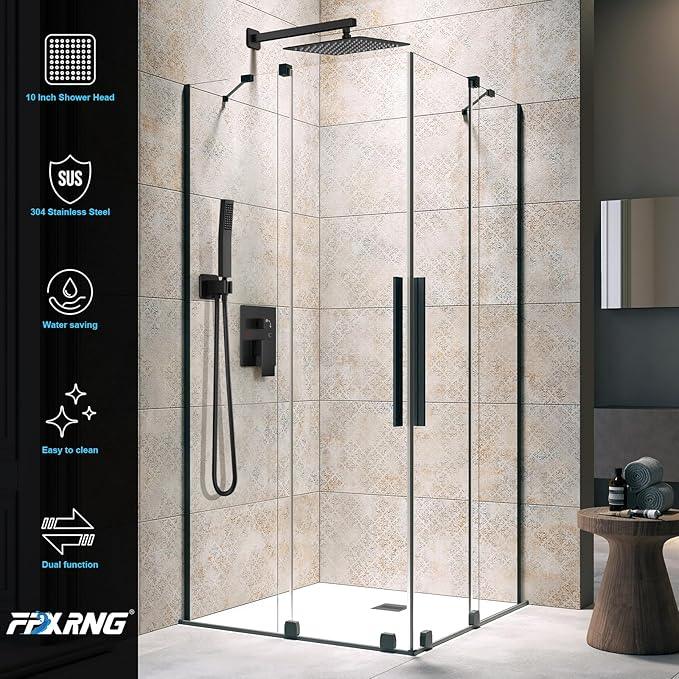 FPXRNG Black Shower Faucet Set, Rainfall Shower System with Square Shower Head and Handle Set, Wall Mounted Shower Fixtures, Full Metal Trim Repair Kit 12 inch Matte Black (With Shower Valve) - ModernBath