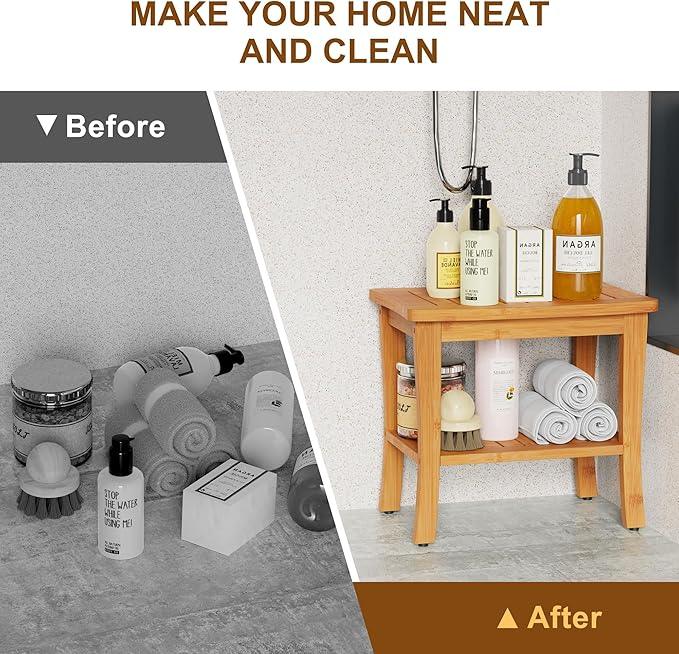 Large Bamboo Shower Bench Stool with Storage Shelf Waterproof Shower Chair Spa Bath Seat Shower Stool for Inside Shower Bathroom Bench Seat for Adults Elderly Seniors Bathroom Gadget 2024 - ModernBath