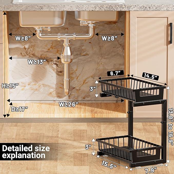 Under Sink Organizer 2 Pack, 2 Tier Adjustable Height Reinforced Carbon Steel Under Kitchen Bathroom Sink Storage Organizer, Smooth Pull-out Under Sink Cabinet Rack Drawer Organizer, Black - ModernBath