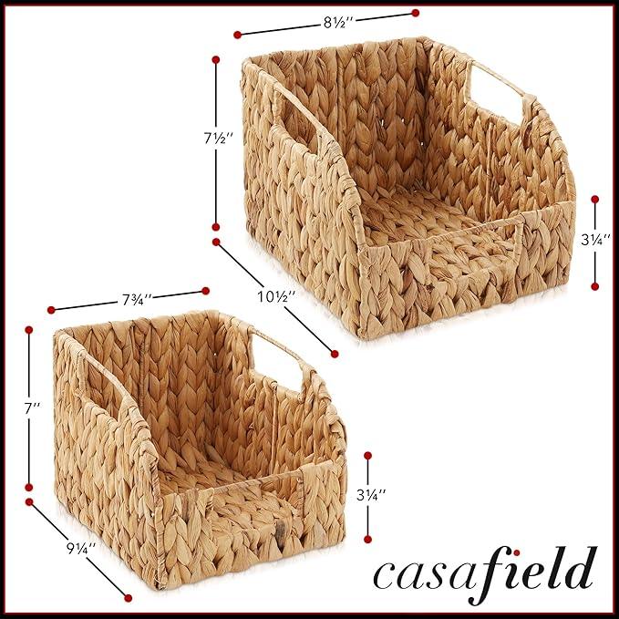 Casafield Set of 2 Water Hyacinth Pantry Baskets with Handles - Natural, Woven Storage Bin Organizers for Kitchen Shelves, Medium and Large Sizes - ModernBath