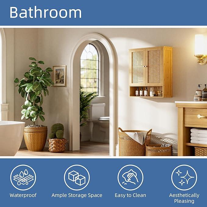 HITNET Bathroom Cabinet Wall Mounted, Rattan Medicine Cabinet, Bamboo Hanging Storage Organizer Over The Toilet with Adjustable Shelf for Living Room, Kitchen, Entryway (Natural) - ModernBath