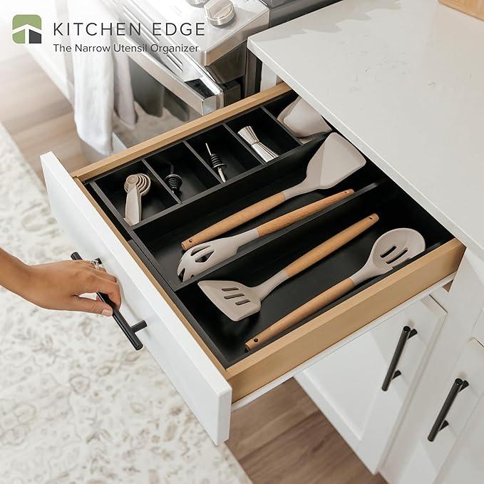 KitchenEdge Adjustable Kitchen Drawer Organizer for Utensils and Junk, Food-Safe Contract Grade with 100% Sustainable Wood, Expandable from 10.5 to 19 Inches Wide - Black Bamboo - ModernBath