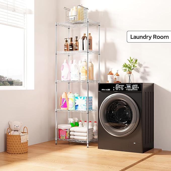5 Tiers Shelf Metal Storage Shelves Wire Rack Closet Organizers with Wheel for Garage Kitchen Bathroom Laundry Chrome 11.8" D x 17.7" W x 55" H - ModernBath