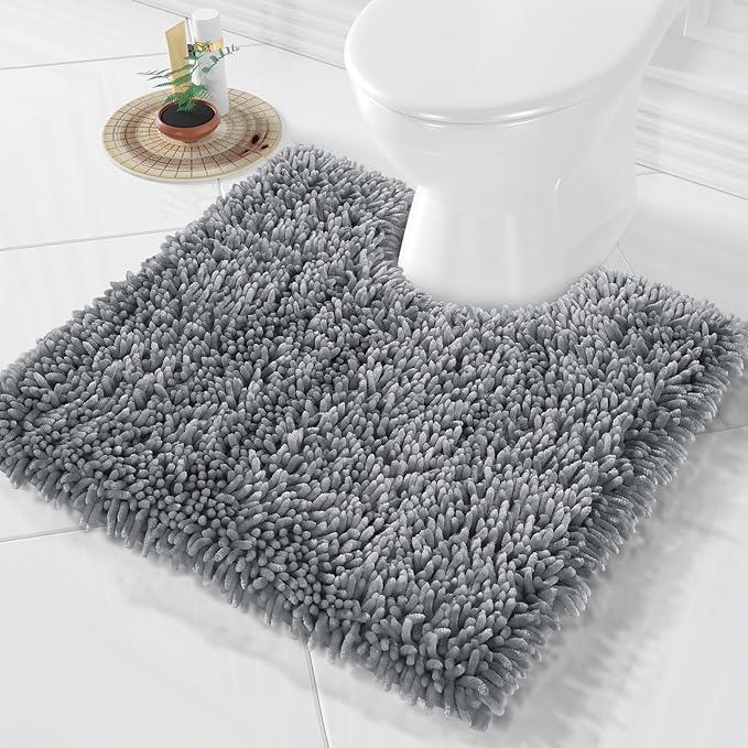 Yimobra Toilet Rugs U Shaped Washable, Extra Thick Soft Absorbent Chenille Contour Bathroom Rugs for Toilet 24x24 Inch, Quick Dry Non Slip Toilet Mat for Bath Floor, Silver - ModernBath