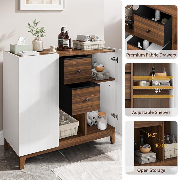 Bathroom Storage Cabinets with Drawers and Doors, Kitchen Storage Cabinet with Adjustable Shelf, Floor Sideboard Buffet Cabinet for Living Room, Kitchen, Hallway, Dining Room, White Walnut - ModernBath