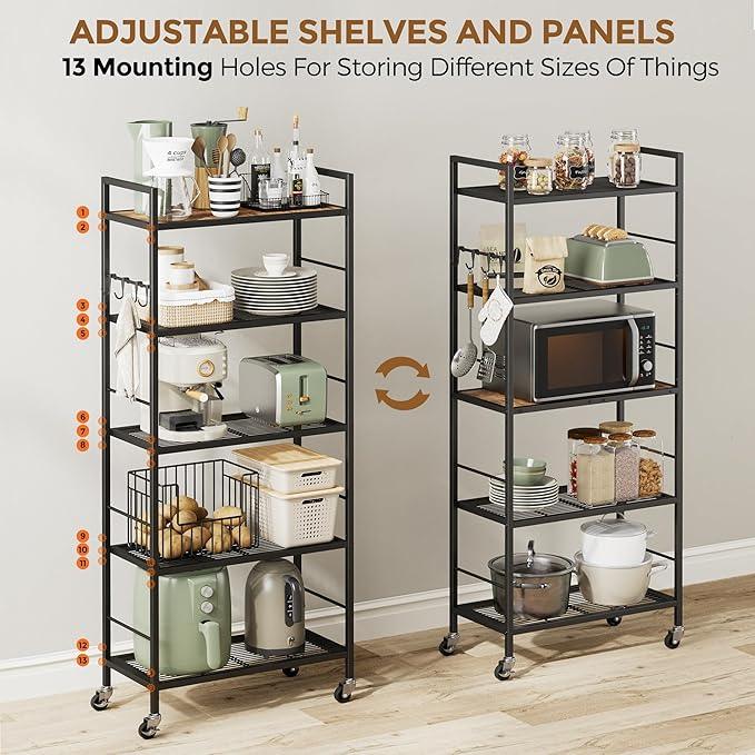 5-Tier Metal Storage Rack with Industrial Wheels,Mesh Shelving Unit with Wooden Table top,Adjustable Shelf,23.6-Inch Width,for Kitchen, Laundry,Pantry,Plant,Black - ModernBath