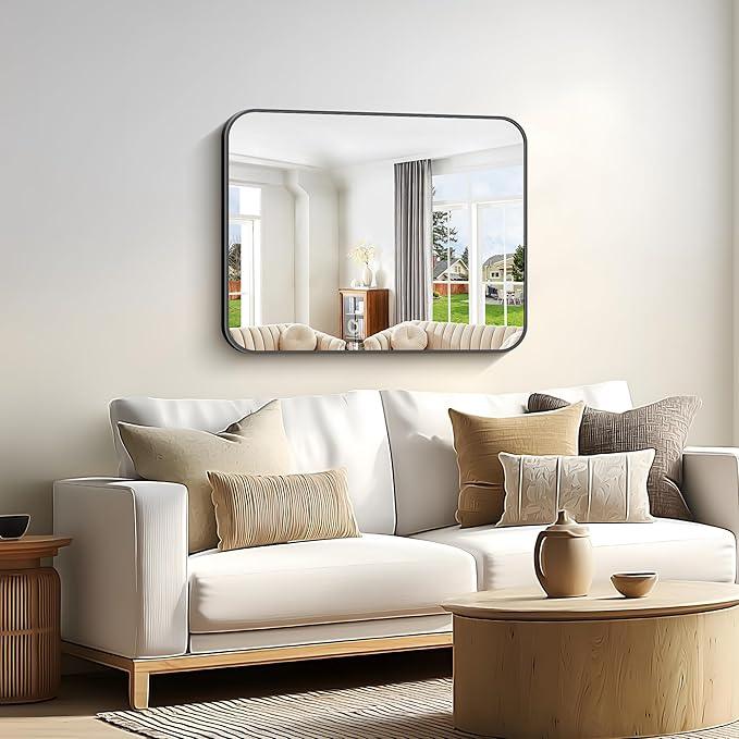 CIVENO Bathroom Mirror, 30 x 24 inch Metal Framed Black Rectangle Mirror, Rounded Corner Rectangular Vanity Mirror, Wall Mounted Mirror for Modern Bedroom Living Room Hangs Horizontal or Vertical - ModernBath