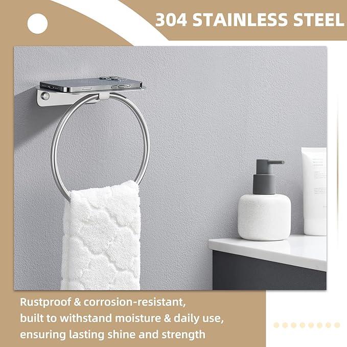 APLusee Towel Ring with Shelf Brushed Nickel, 304 Stainless Steel Rustproof Wall Mounted Holder, Space-Saving Storage for Hand Towels & Bathroom Essentials - ModernBath