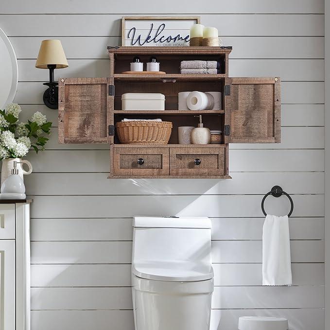 ACCOHOHO Bathroom Wall Cabinet, Farmhouse 24" Wide Medicine Cabinet with Drawer, Adjustable Shelf, Double Barn Doors, Storage Cabinets for Bathroom, Kitchen, Living Room, Rustic Brown - ModernBath