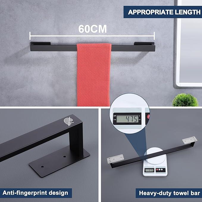 LANC Matte Black 24-Inch Bath Towel Rack Self-Adhesive Bathroom Towel Bar for Wall Mounted and Drill Free Towel Rod, Sticky on Kitchen Bathroom Towel Holder Stainless Steel, A8310MB-L6 - ModernBath