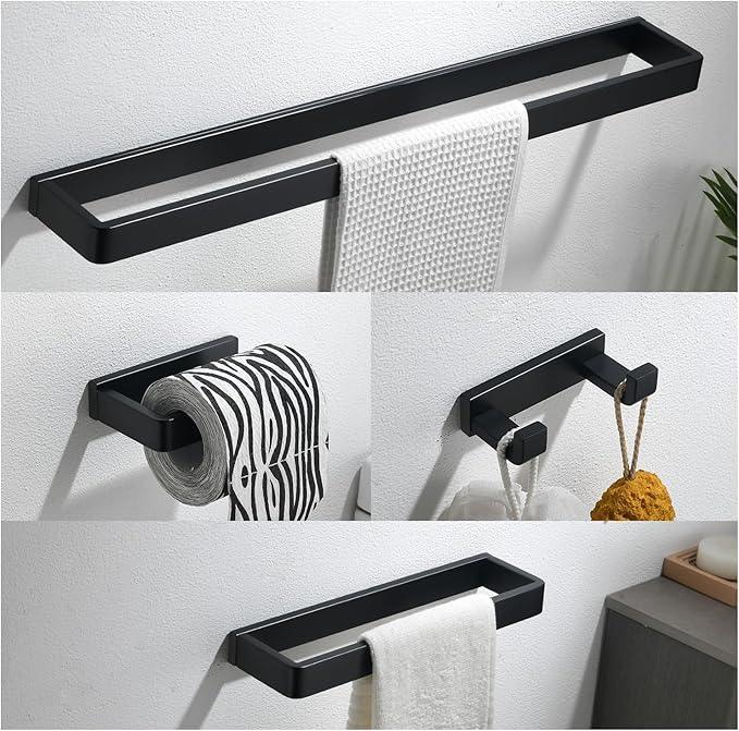 YACVCL 4-Piece Matte Black Bathroom Hardware Accessories Set, Bath Towel Bar Set SUS304 Stainless Steel, Round Towel Racks for Bathroom Wall Mounted - ModernBath